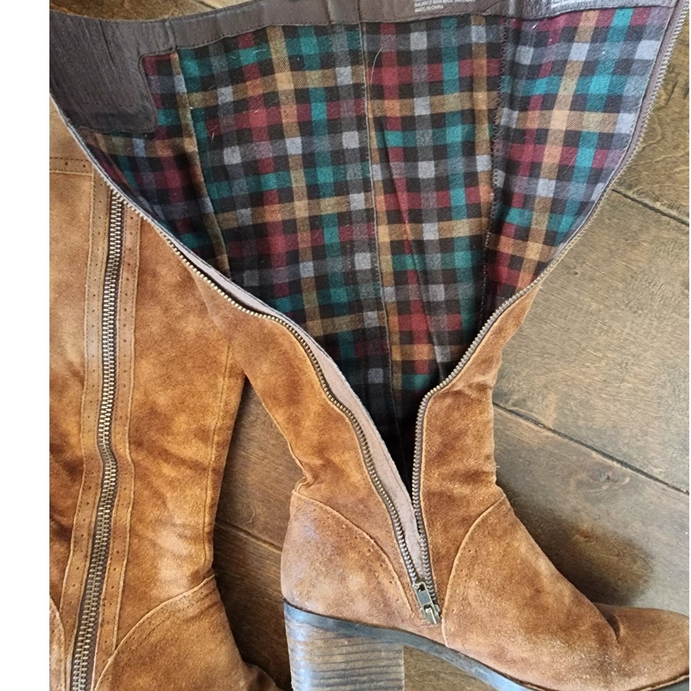Born Poly Brown Suede Knee High Riding Boots Plaid Lining. Festival Gritty Boho - Picture 8 of 14